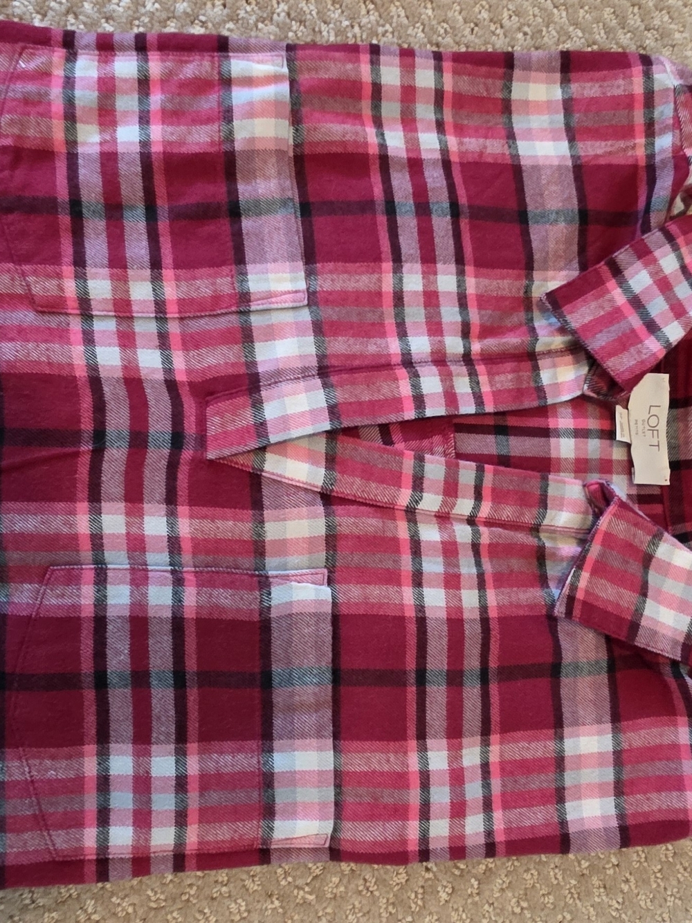 LOFT Pink Plaid Lightweight Flannel Button-Down Blouse